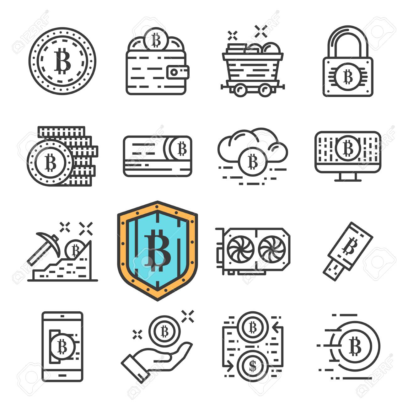 Vector Black Line Bitcoin Icons Set Includes Such Icons As Cryptocurrency - 